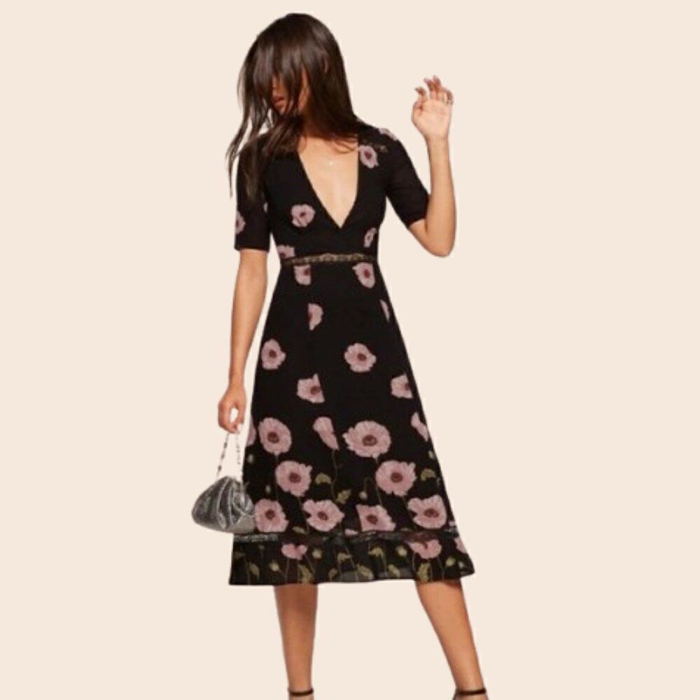 Reformation Black and Pink Floral Alina Dress Size 4